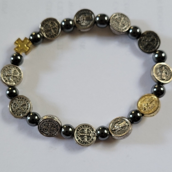 Saint Benedict Stretch Bracelet, Hematite & silvertone/goldtone Metal Beads. - Picture 2 of 4